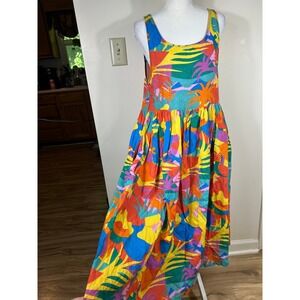 Nooworks Naomi Midi Dress Sz S Tropico Print Linen Sleeveless Pockets Indie USA